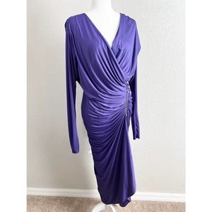 Tadashi Vintage Purple V-neck Stretch Body Con Jewel Broach Midi Formal Dress 10